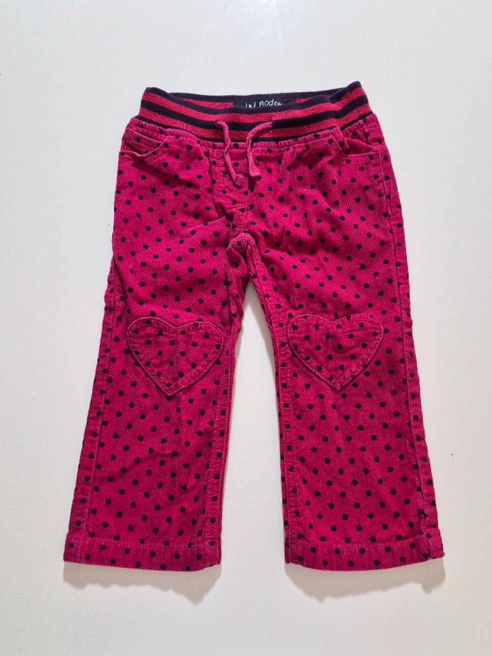 Mini Boden Girls 2Y Pink Corduroy Pants Polka Dot Heart Pockets Knee Patches